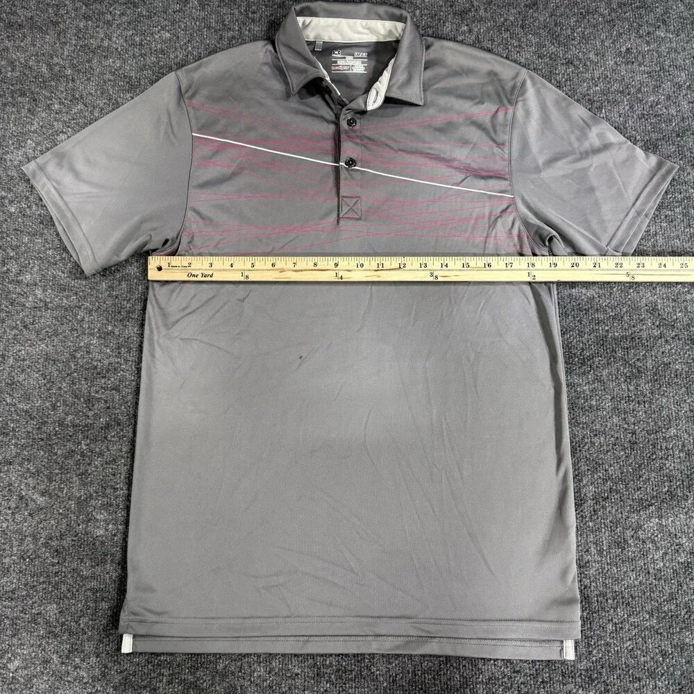Under Armour Mens Golf Polo Size Small Gray Pink Line Print HeatGear Loose Fit